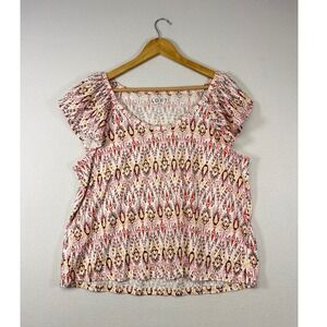 Boho Ikat Print Loft Women XL Pink Orange Flutter Sleeve Cotton Scoop Neck Top